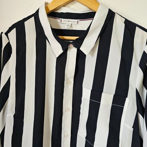 NEW WITHOUT TAGS TOMMY HILFIGER BLACK WHITE STRIPED BUTTON DOWN SHIRT XL - Picture 10 of 16